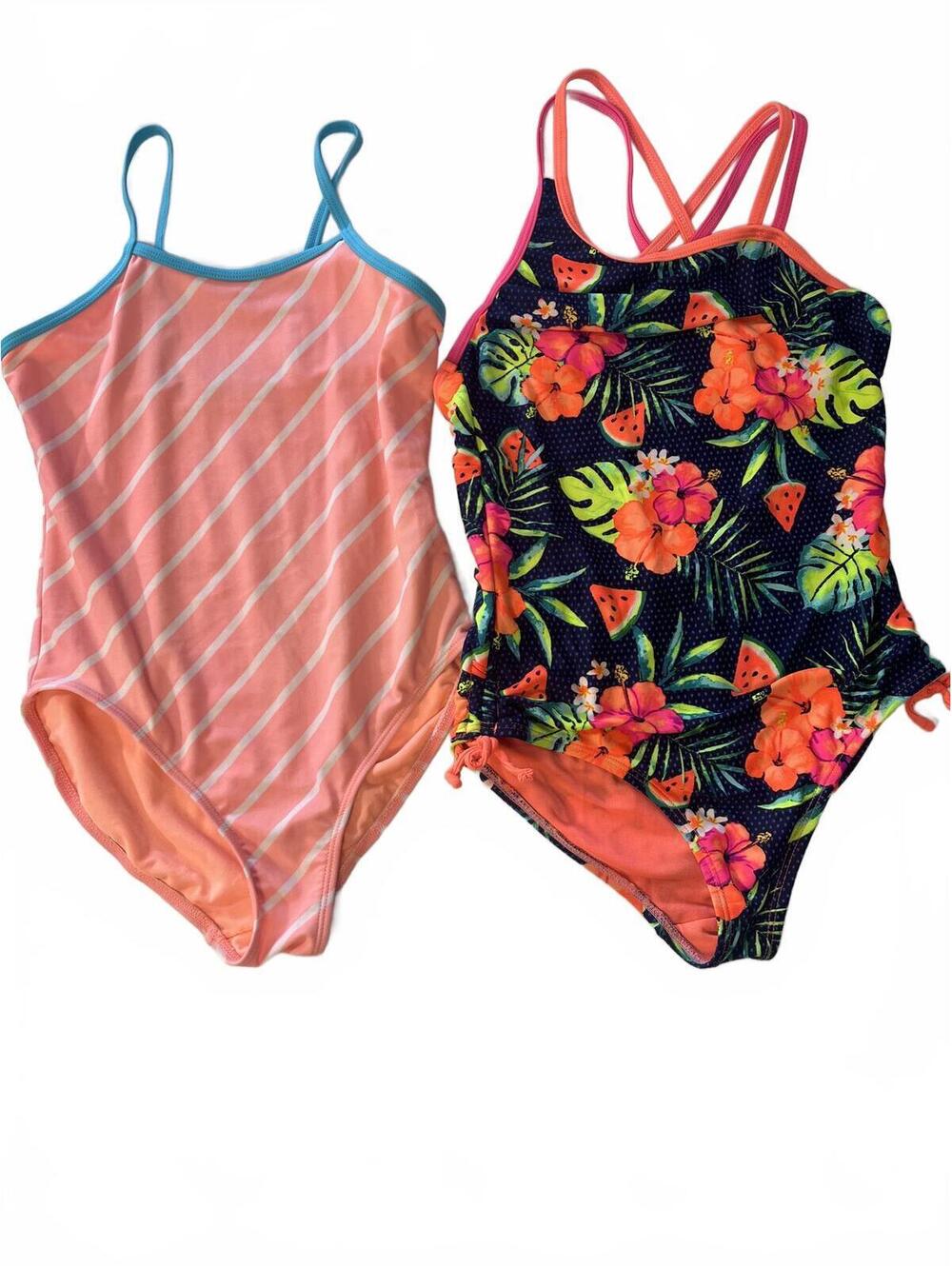 Girls One-Piece Swimsuit Set of 2 Old Navy Size M (8) Tropical Floral & Stripe